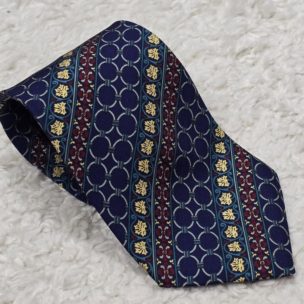 Christian Dior Monsieur Silk Tie Mens Navy Blue Gold Geometric Leaf Vintage